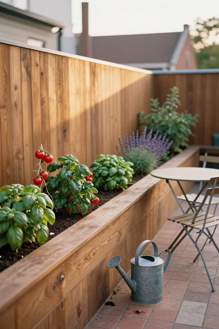 Wooden raised planter bed along a fence containing tomato plants, basil bushes, lavender, and other greenery, with a small round table, folding chairs, and metal watering can on brick pavers.