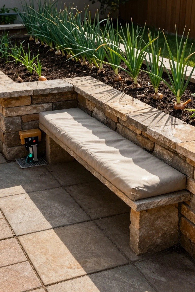 Stone raised bed planters growing green onions and onion bulbs with a cushioned bench built into the edge on a tiled outdoor patio.
