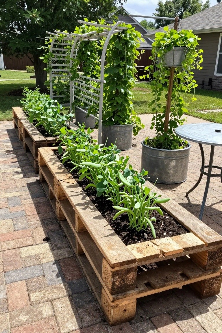 Patio with four wooden pallet raised garden beds planted with green leafy vegetables and bean plants, white arched trellises with climbing vines, metal planters with greenery, and a small metal table nearby on brick pavers.