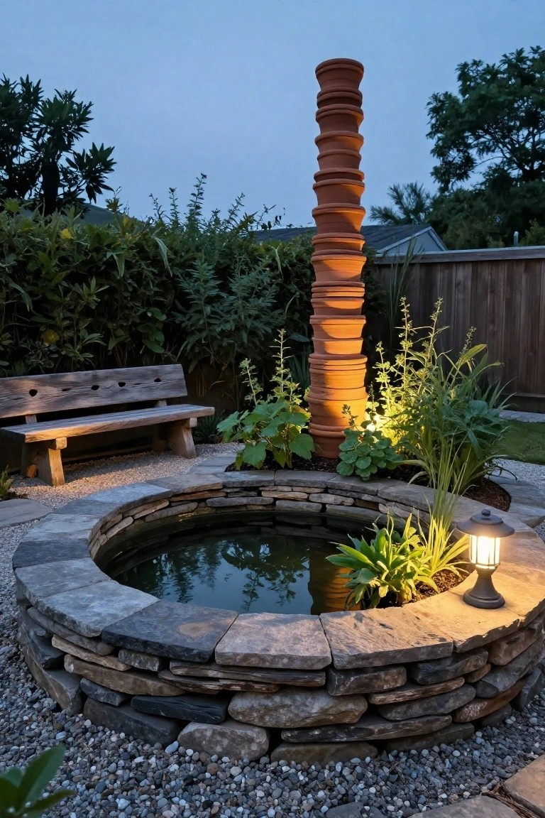 Tall stack of terracotta pots as a garden sculpture beside a circular stone-lined pond with plants, a wooden bench, lantern light, and surrounding greenery in a backyard at dusk.