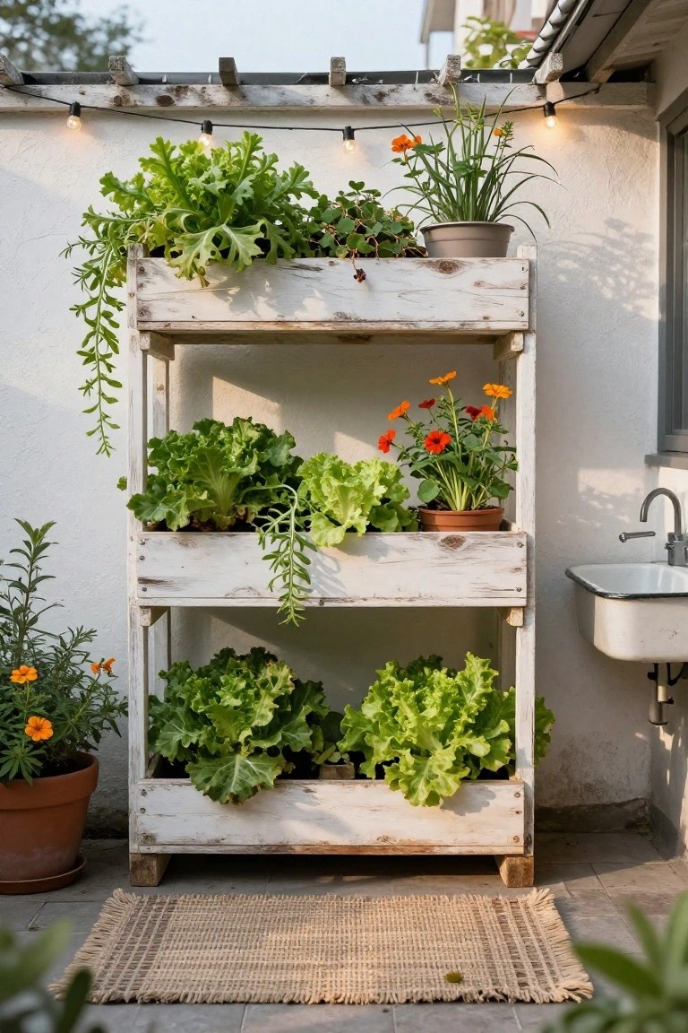 A three-tiered white wooden planter stand on a patio filled with lettuce plants and potted flowers, positioned next to a white enamel sink with string lights overhead and additional potted plants nearby.