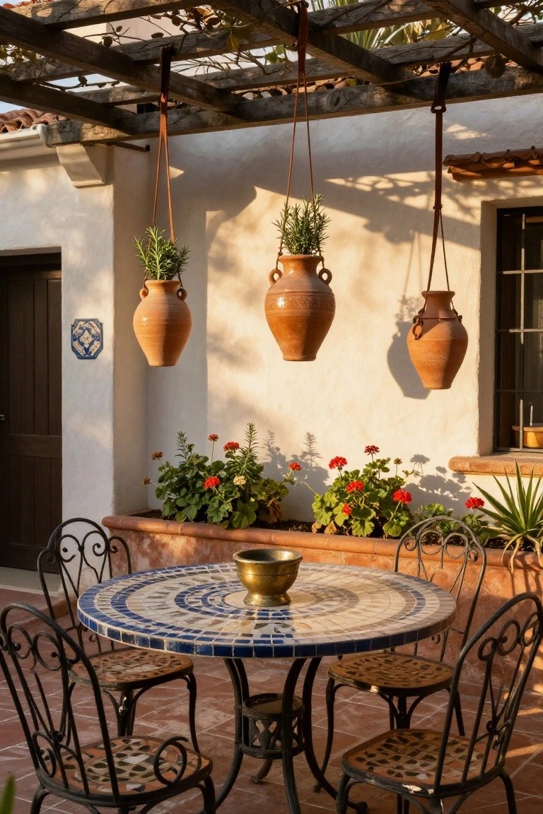 Outdoor patio under a wooden pergola with three large terracotta pots hanging from leather straps containing rosemary plants, a round mosaic-tiled table with brass bowl and four wrought-iron chairs with patterned seats, flower beds along a white stucco wall.