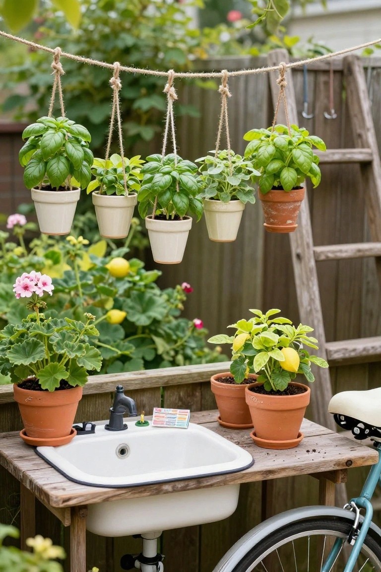 Hanging Herbs Over a Potting Sink