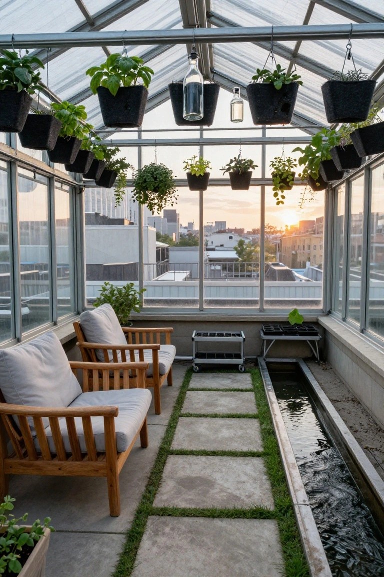 Glass-walled greenhouse terrace on a rooftop with multiple black hanging planters containing herbs suspended from the ceiling, wooden armchairs on a stone pathway beside a narrow water channel, and city skyline view through large windows at sunset.