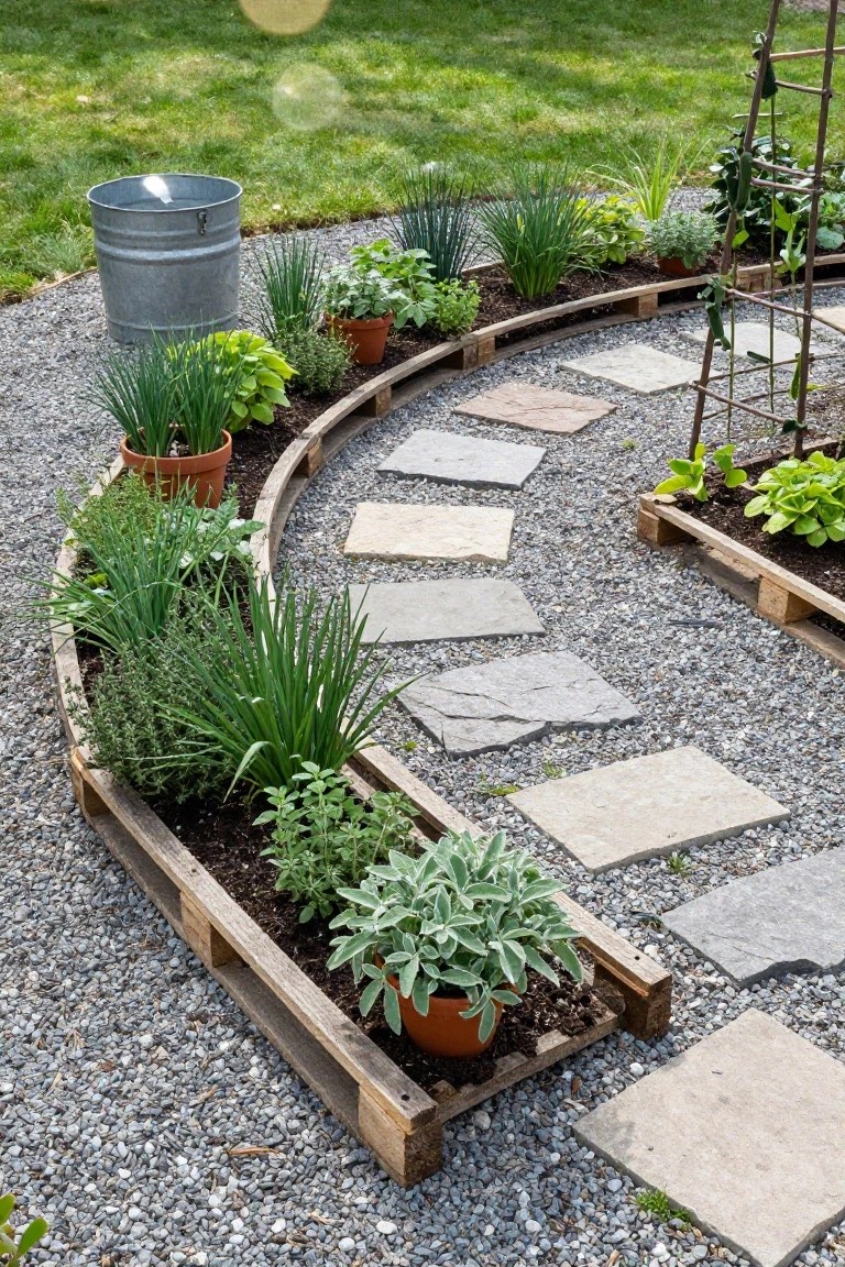 Curved raised garden beds constructed from wooden pallets planted with herbs and vegetables beside a gravel walkway with irregular stone pavers and a metal watering can nearby.