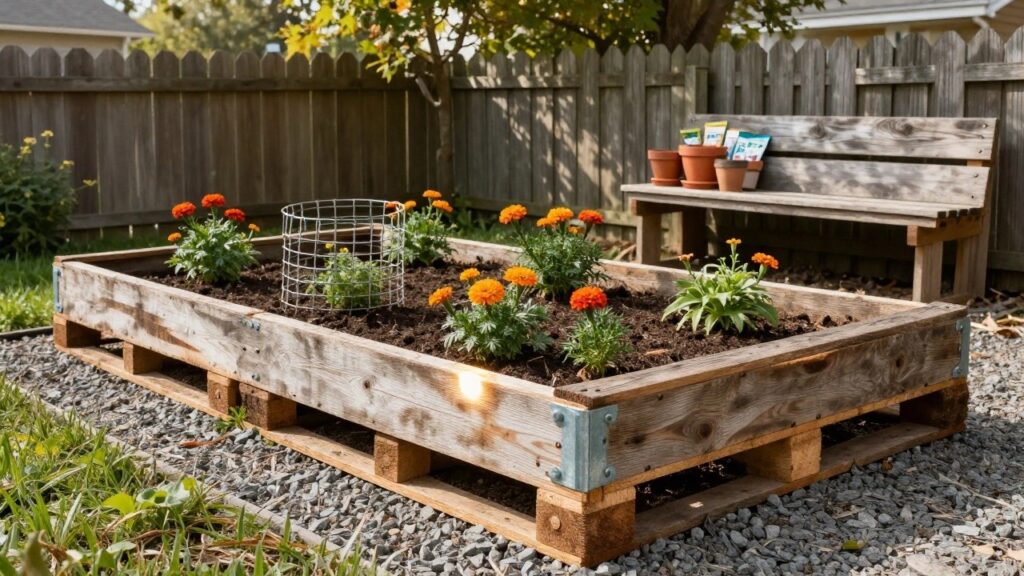 16 Clever Pallet Vegetable Garden Ideas for Easy Backyard Builds A raised garden bed made from stacked wooden pallets filled with soil and growing marigold plants protected by wire cages, set on grass in a backyard near a wooden bench and potted flowers.