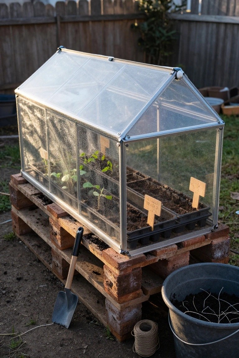 A small transparent greenhouse with seedling trays on wooden pallets elevated in a backyard, gardening shovel and bucket nearby