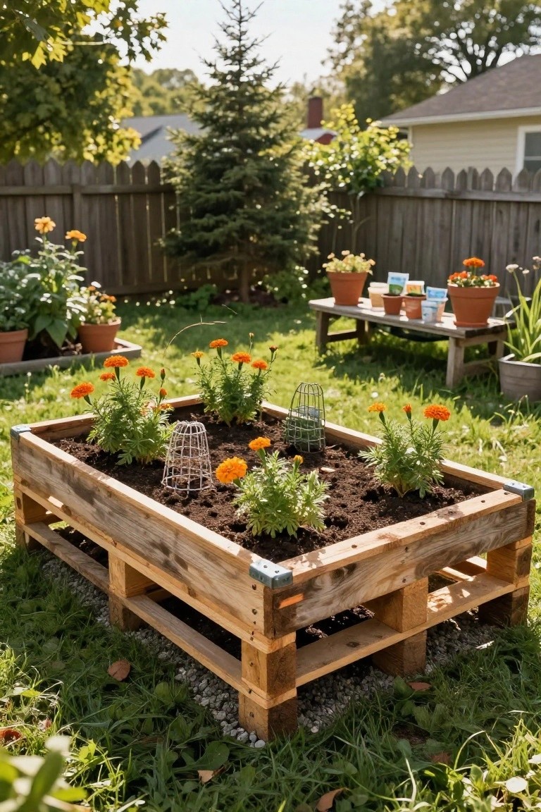 A raised garden bed made from stacked wooden pallets filled with soil and growing marigold plants protected by wire cages, set on grass in a backyard near a wooden bench and potted flowers.