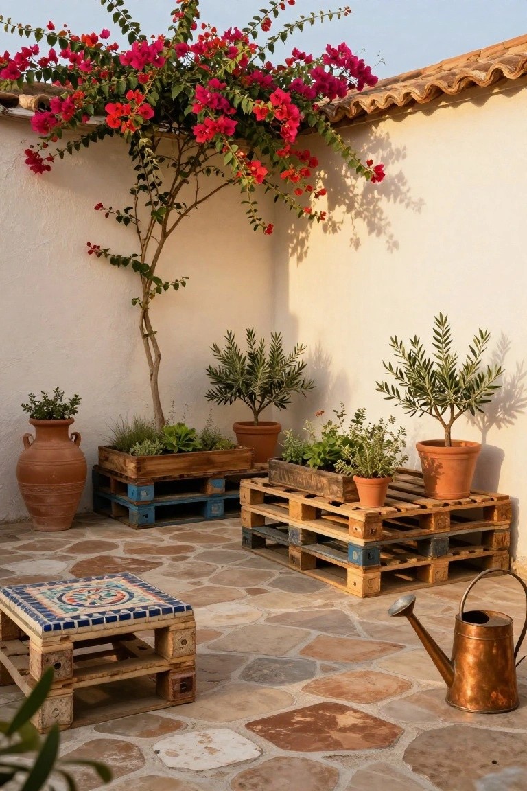 Courtyard patio with stacked wooden pallets used as raised planters containing herbs, succulents, and vegetables, terracotta pots with olive trees and other plants, a low pallet-based stool topped with colorful tiles, and a copper watering can on stone flooring against white walls draped in pink bougainvillea.