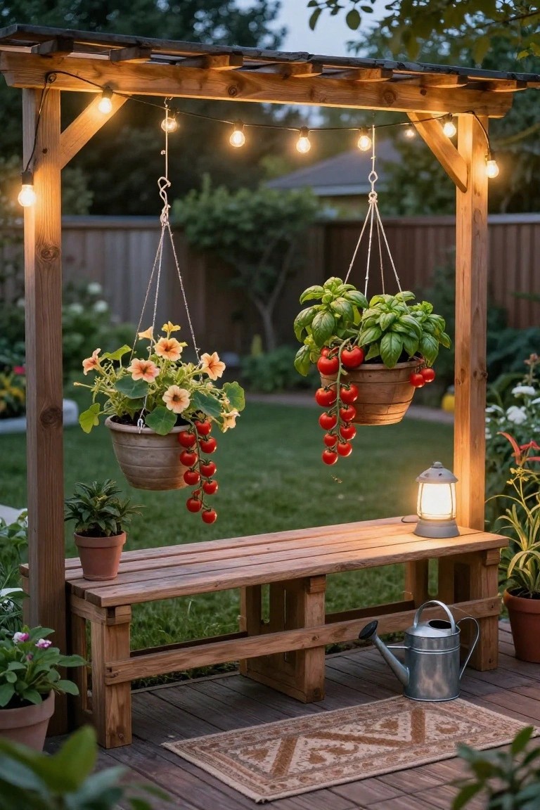 Wooden pergola with string lights and hanging planters of cherry tomatoes, basil, and flowers above a wooden bench on a deck surrounded by potted plants, a lantern, and watering can.