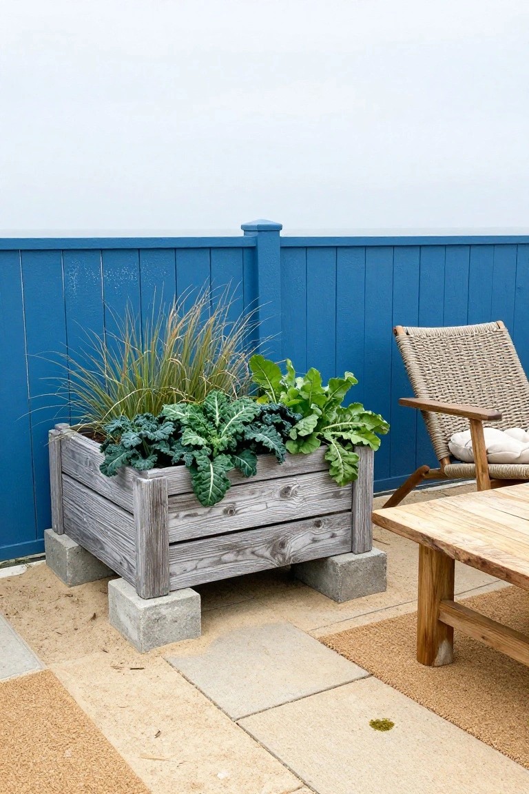 Weathered gray wooden raised planter bed filled with kale plants, Swiss chard, and ornamental grass, elevated on concrete blocks beside a blue wood fence on a patio with paver tiles, rattan chair, teak side table, and outdoor rug.