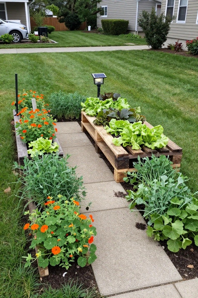 Raised wooden pallet garden beds along a concrete walkway in a grassy backyard, planted with lettuce, herbs, peas, and orange flowers, with houses and shrubs nearby.