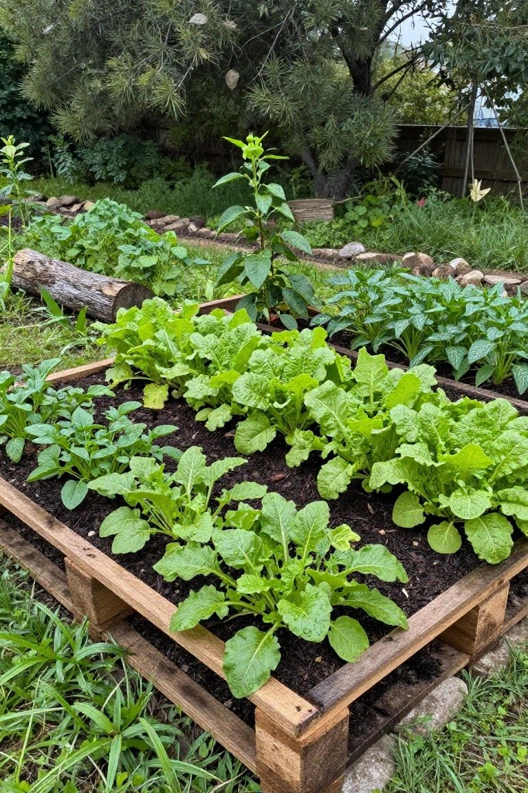 Wooden pallet raised garden bed filled with dark soil and growing leafy greens, pak choi, and young potato plants, set amid backyard plantings, rocks, and trees.