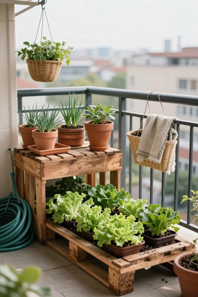 Balcony garden with potted plants on wooden pallets and hanging baskets.
