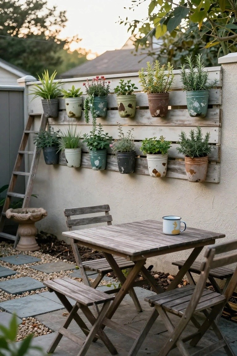 Wooden pallet mounted on a beige stucco wall holding assorted hanging metal and ceramic pots with herbs and plants, beside a small wooden table with folding chairs and a mug on a gravel patio.