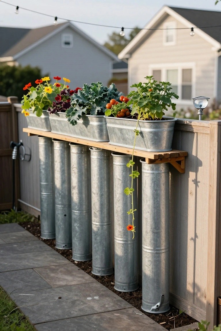 Galvanized metal tubs filled with plants including flowers, tomatoes, and kale, arranged on a wooden shelf mounted to a wooden fence in a backyard with a stone path nearby.