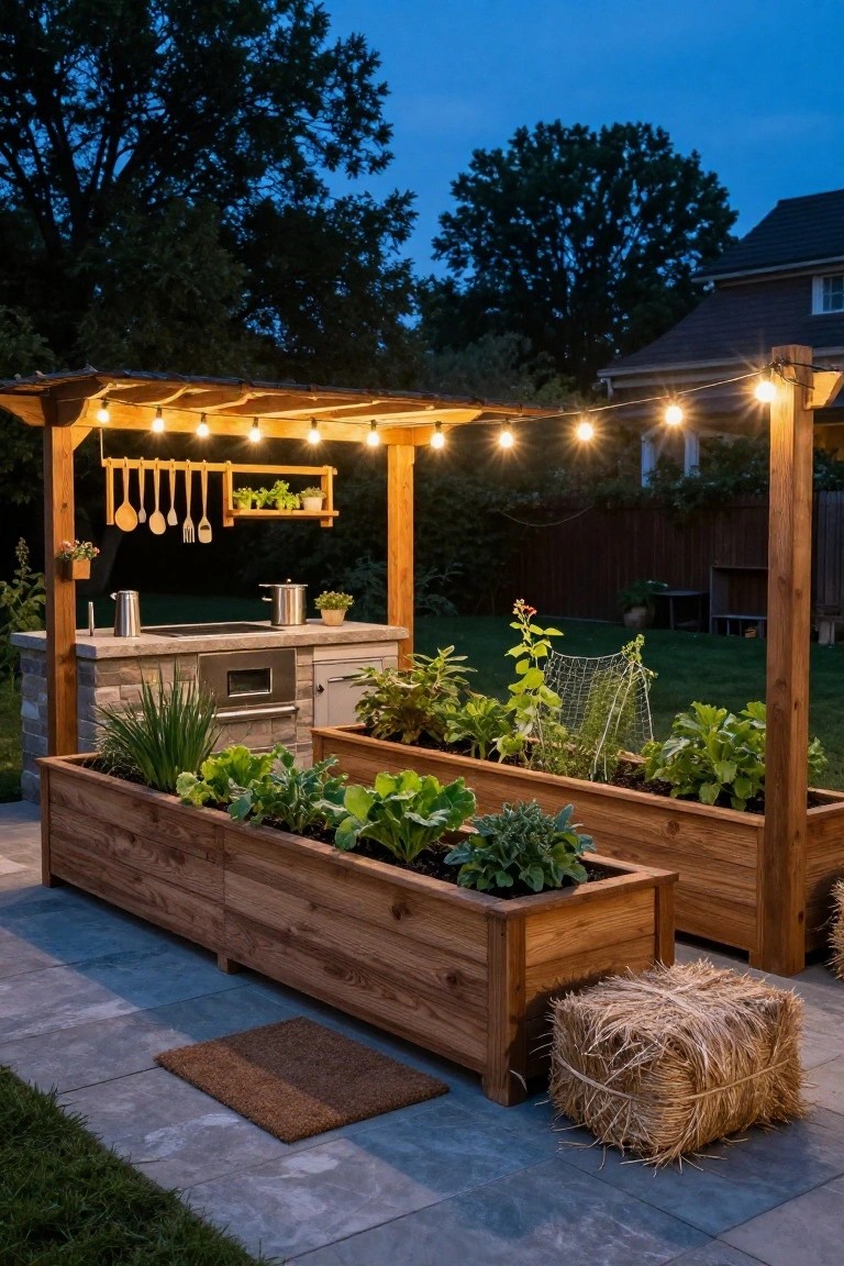 Wooden raised garden beds planted with vegetables positioned adjacent to a stone outdoor kitchen under a wooden pergola with string lights on a backyard paver patio at dusk.
