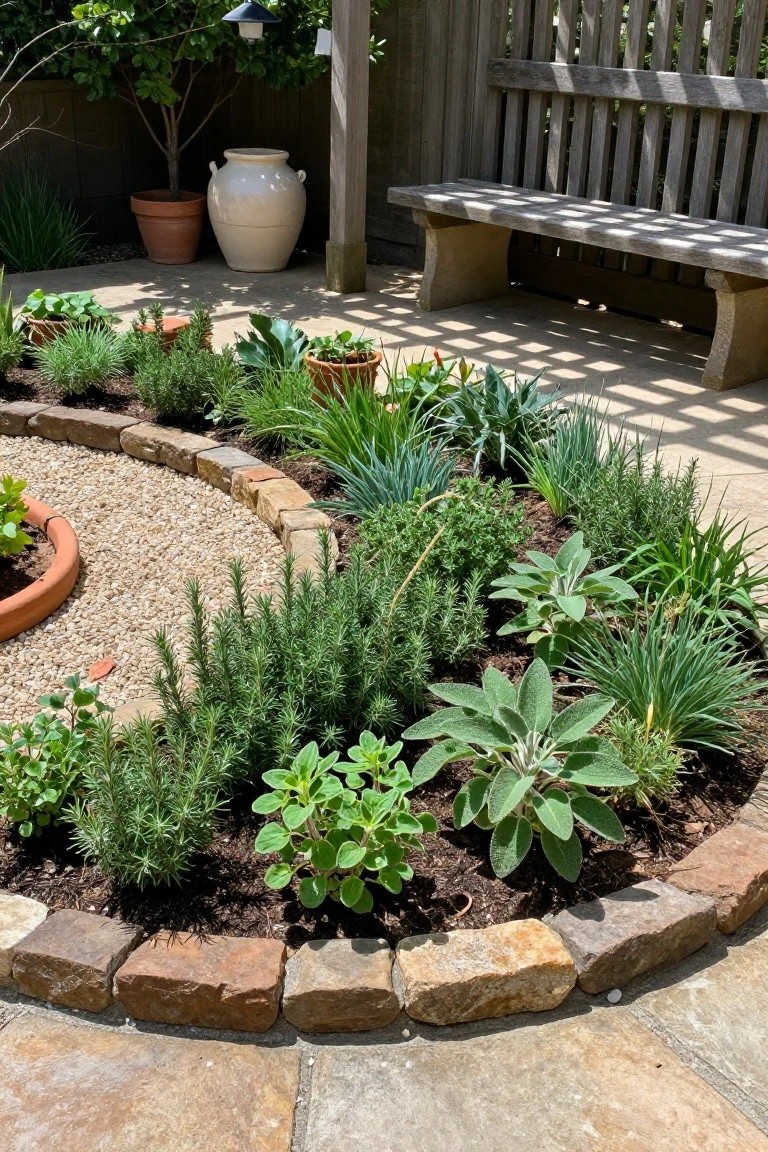 Curved garden bed edged with rough natural stone blocks, planted with rosemary, sage, and other herbs, filled with gravel path, near wooden bench under pergola structure and potted plants.
