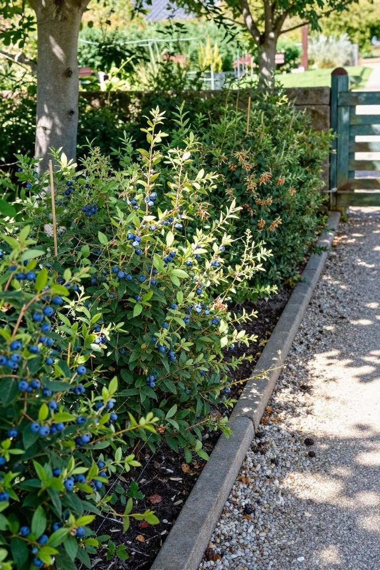 Blueberry bushes with clusters of ripe blue berries growing in a mulched garden bed edged by concrete curbing along a gravel path, near a green wooden gate and trees.