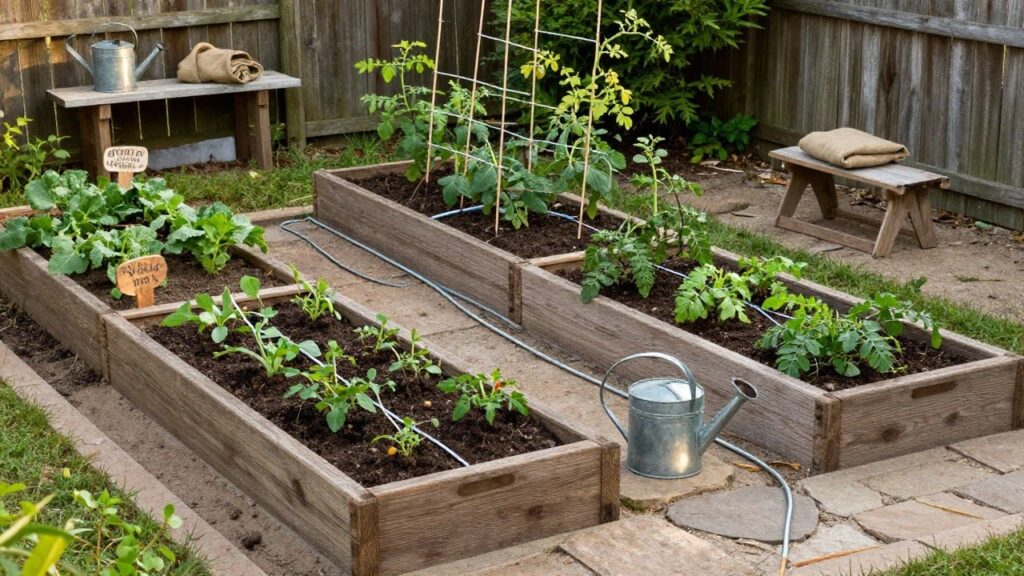 17 Simple Homesteading For Beginners Ideas To Start Your Self-Sufficient Journey Wooden raised garden beds planted with young tomato, beet, pak choi, and pepper plants along with drip irrigation lines, positioned on a paved backyard patio near a wooden bench, old doors, and a metal watering can.