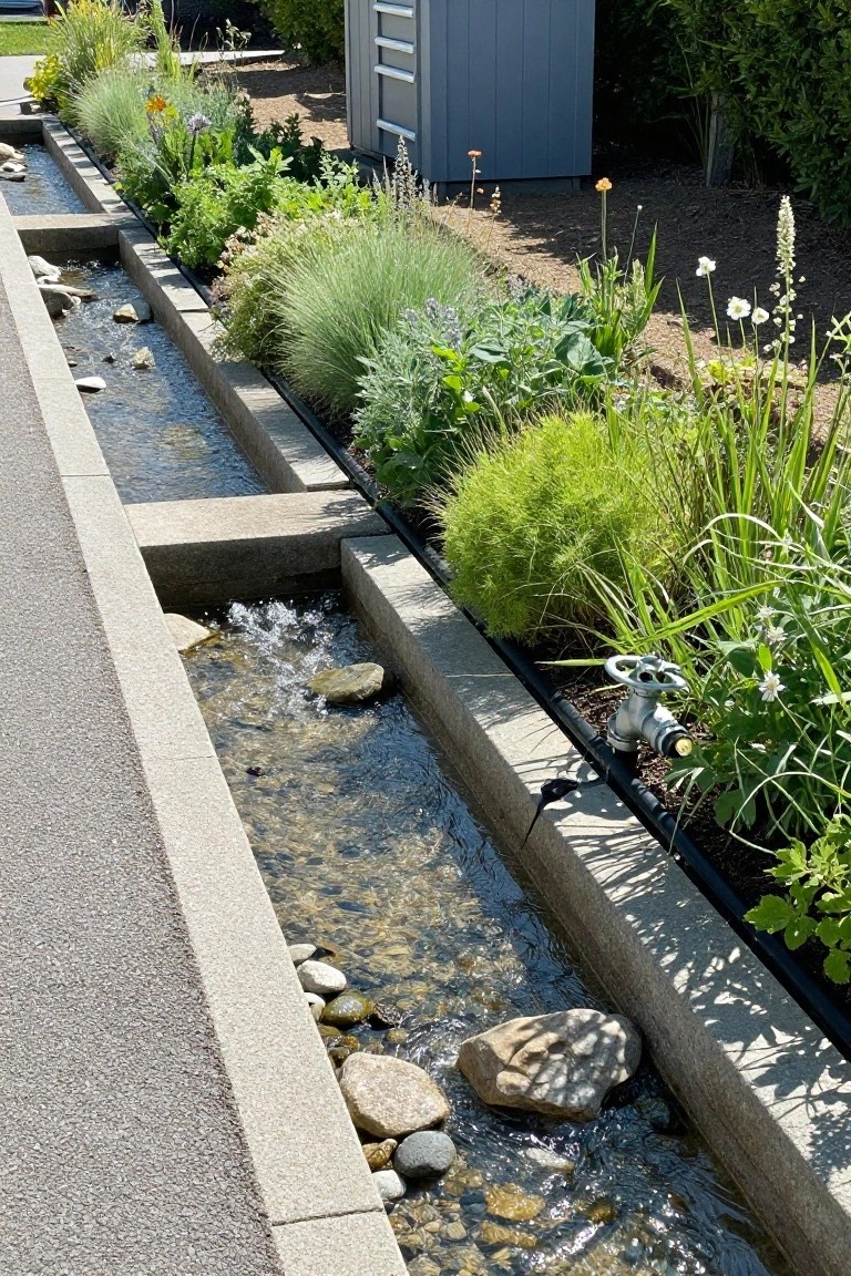 Concrete channels with shallow flowing water over pebbles, lined with various grasses, herbs, and flowers along a paved path beside a gray utility shed and hedges.