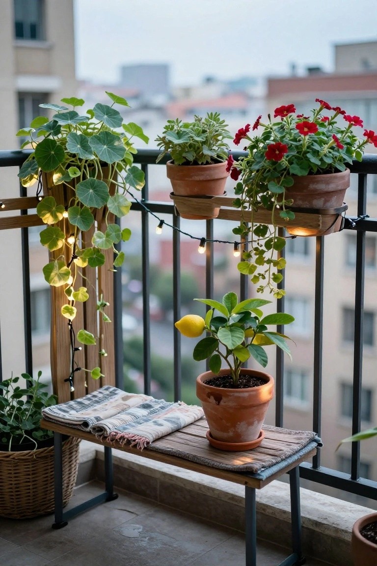Balcony with potted plants, lemon tree, string lights, and wooden bench.