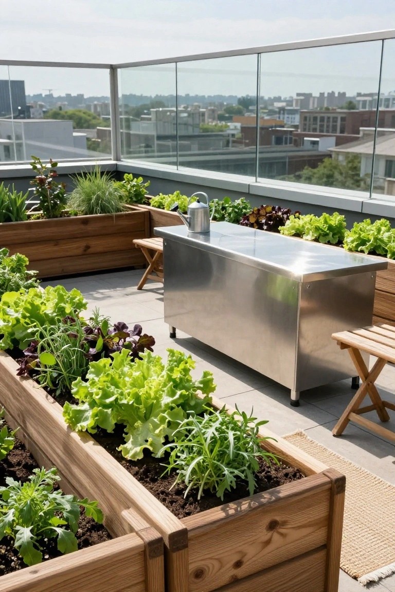 Rooftop terrace featuring wooden raised planters filled with lettuce, herbs, and greens, a stainless steel prep table on wheels, wooden stools, a watering can, and a city skyline view beyond glass railings.