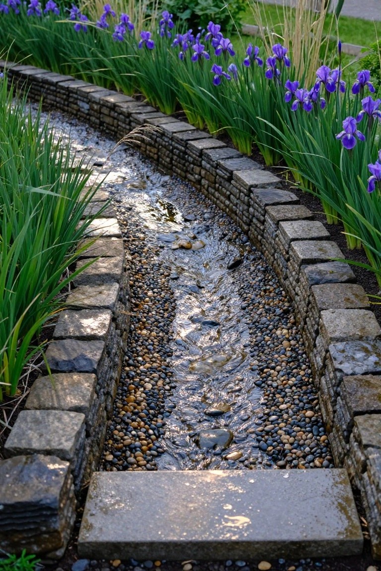 Curved garden channel with flowing water over mixed pebbles, lined by dark stacked stone walls and bordered by purple iris flowers and green grassy plants.