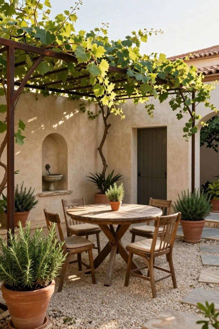 A round weathered wooden table with four matching chairs on a gravel patio surrounded by large terracotta pots of rosemary and other plants, under a rusted metal pergola draped in grapevines next to a beige stucco wall with an arched niche fountain and wooden door.