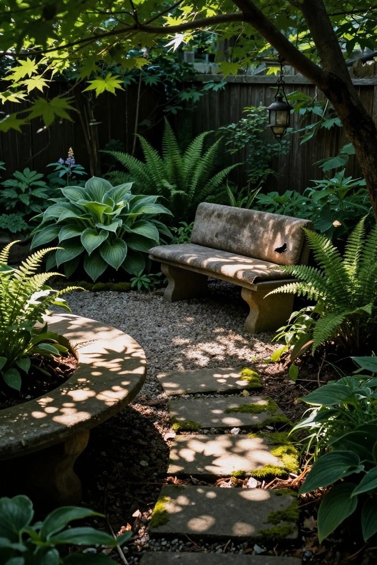 Stone bench surrounded by hostas, ferns, and other greenery in a shaded garden, with gravel ground cover, stepping stone path, and a hanging lantern from a tree branch.