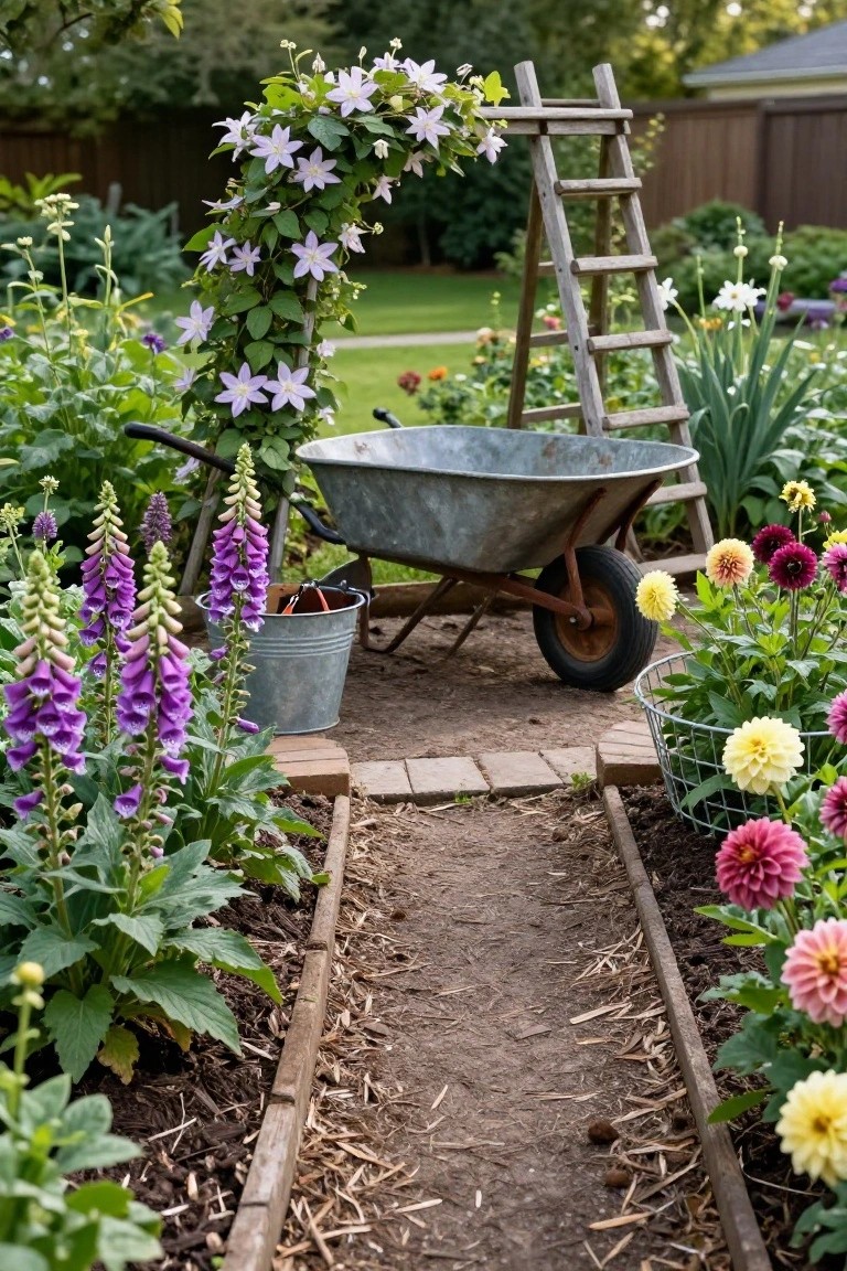 A mulched garden path edged with wood borders, flanked by purple foxgloves, colorful dahlias, and other flowers, with a wheelbarrow, bucket, and wooden ladder nearby.