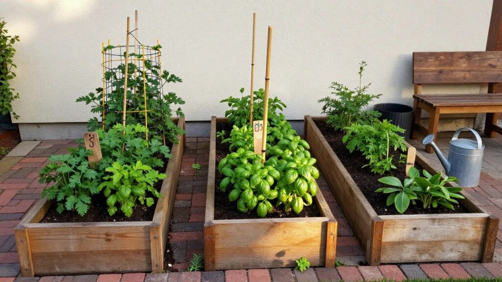 19 Smart Gardening For Beginners Ideas You’ll Wish You Tried Sooner Three wooden raised garden beds filled with herbs like labeled basil and parsley, positioned against a beige stucco wall next to a green hedge, with a watering can on a wooden bench nearby.