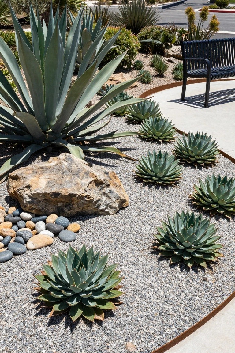 A curved landscaped bed with large and small blue-green agave plants, gray gravel mulch, a large textured boulder, smooth pebbles, and metal edging, next to a black slat bench on a concrete path.