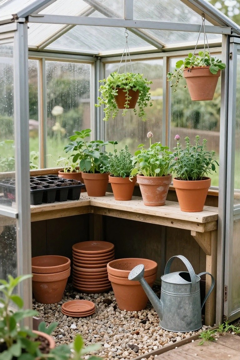 A small greenhouse interior featuring a wooden corner potting bench with potted plants, seedling trays, stacked terracotta pots stored below, hanging plants overhead, and a metal watering can on the floor.