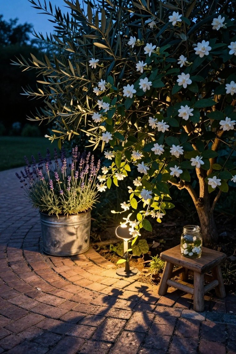 Curved brick garden path at dusk illuminated by a ground-mounted light, flanked by an olive tree with white gardenia flowers, lavender in a galvanized bucket, a jar of white flowers on a wooden stool, and surrounding greenery.