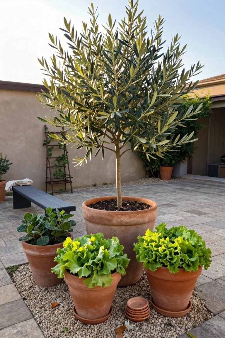 Large terracotta pot with olive tree on tiled patio next to black bench, surrounded by smaller terracotta pots of lettuce, strawberry plants, and primroses, with beige wall, climbing vine ladder, and gravel border.