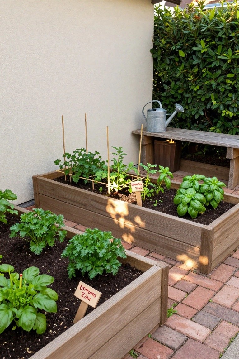 Three wooden raised garden beds filled with herbs like labeled basil and parsley, positioned against a beige stucco wall next to a green hedge, with a watering can on a wooden bench nearby.