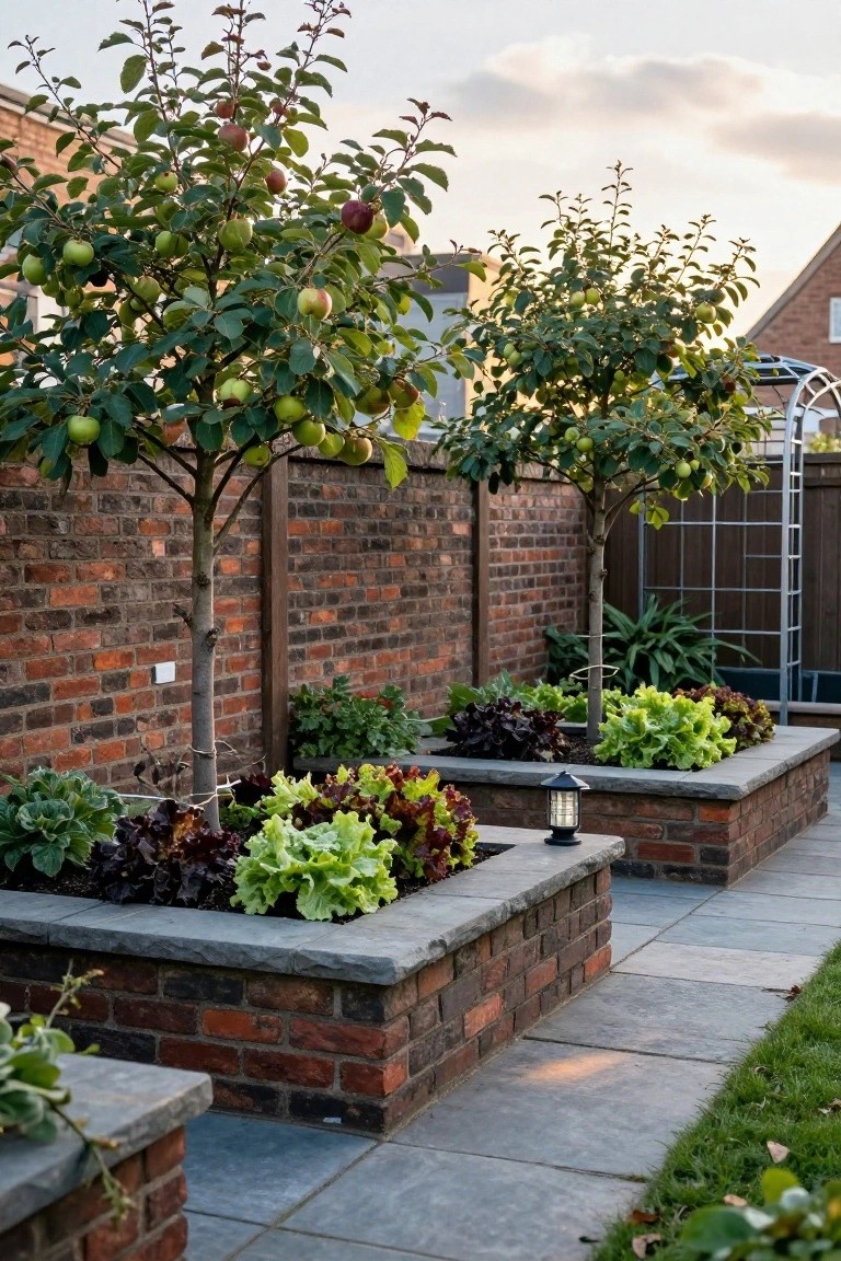 Raised brick garden beds planted with red and green leafy vegetables, young apple trees against a brick wall, stone-capped edges, lantern light, and paved path in a backyard.