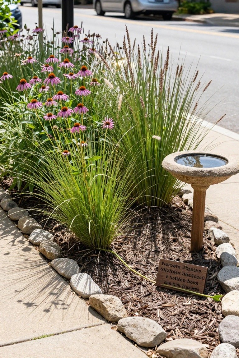 A landscaped garden bed along a sidewalk edge with clusters of pink coneflowers, tall green and tawny ornamental grasses, a pedestal stone birdbath filled with water, rock borders, wood-chip mulch, and a wooden sign, next to a street with parked cars.