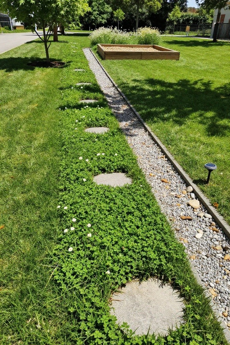 Garden path of round gray concrete stepping stones embedded in grass, bordered by a narrow gravel trench with low green ground cover plants bearing small white flowers, adjacent to a lawn, raised wooden sandbox, and trees.