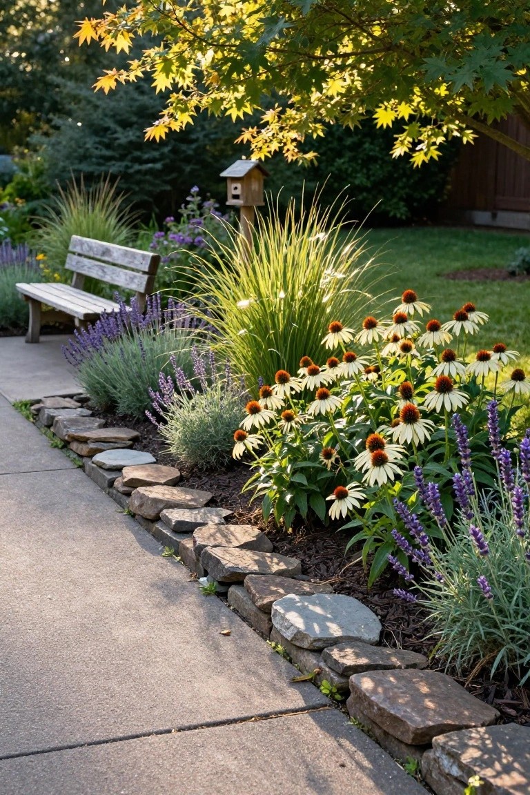 Garden bed bordered by irregularly shaped flat stones along a concrete sidewalk, planted with coneflowers, lavender bushes, ornamental grasses, and a wooden bench nearby under trees.
