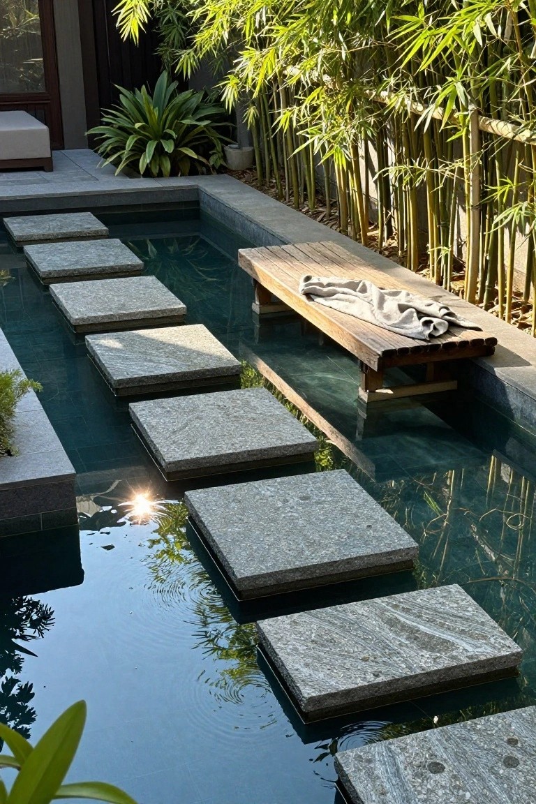 Narrow rectangular pool with large square gray stone pavers positioned as stepping stones across the water, a wooden bench centered on supports above the pool, surrounded by bamboo plants and other greenery in an outdoor garden setting.
