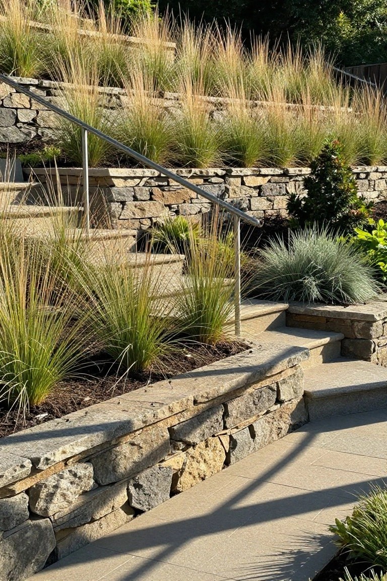 Stone retaining walls forming terraces with embedded steps and stainless steel railings, planted with various ornamental grasses including tall feathery types and low clumping varieties, on a sloped outdoor area.