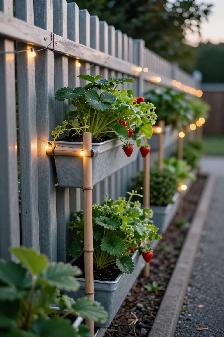 Gray wooden picket fence lined with metal planters growing strawberry plants supported by bamboo stakes, string lights draped along the top, beside a mulched path.