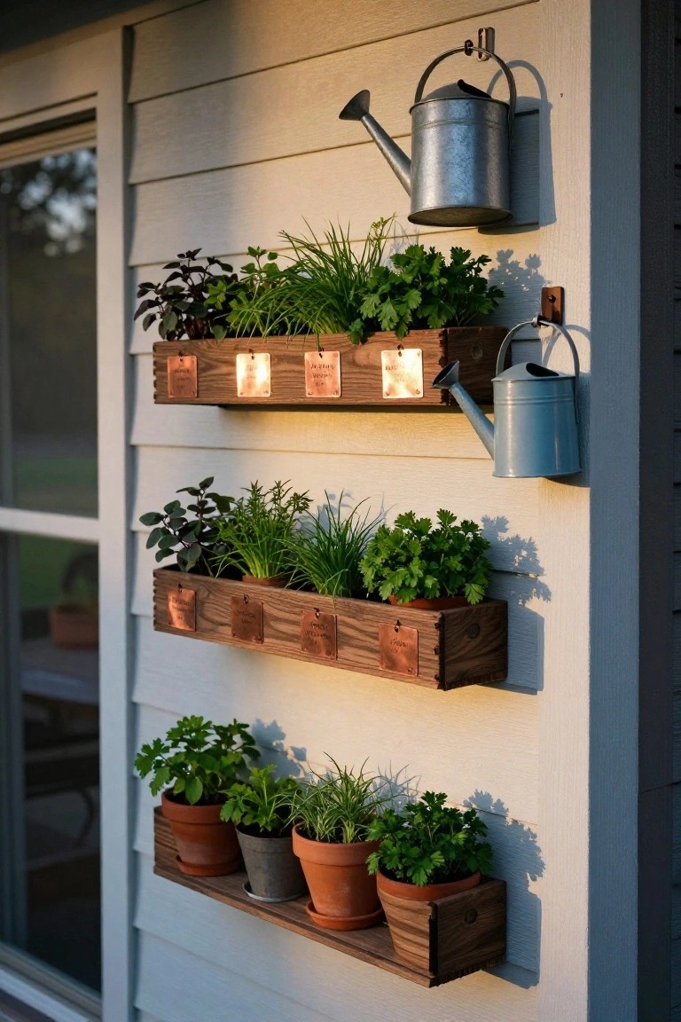Exterior wall of a shed-like structure with wooden planters and shelves holding herb plants, copper labels on boxes, and two metal watering cans hanging nearby.
