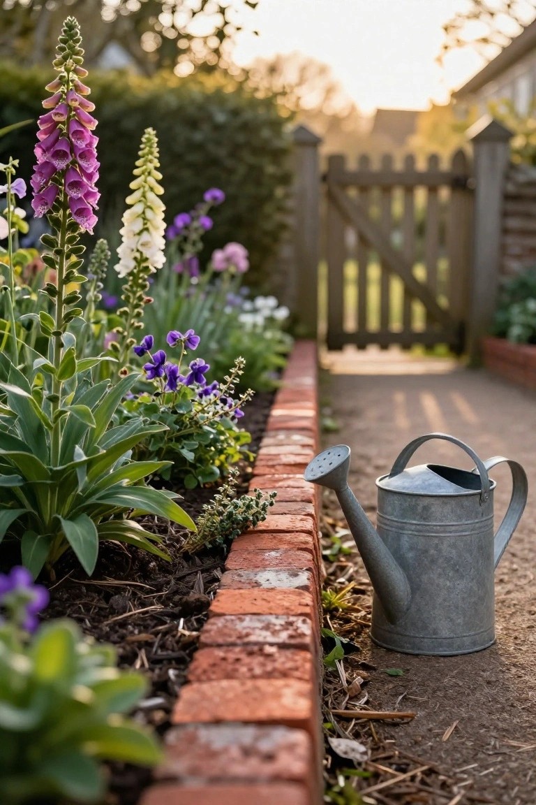 Low red brick edging borders a flower bed with purple foxgloves, white foxgloves, and purple violas, a metal watering can sits on a gravel path beside a wooden picket gate.