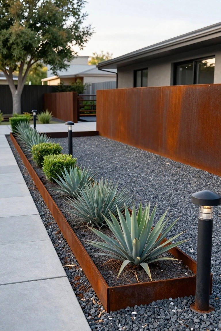 Concrete pathway edged by long corten steel borders filled with agave plants, boxwood shrubs, and gravel mulch, next to a tall rusted metal fence with black pathway lights.