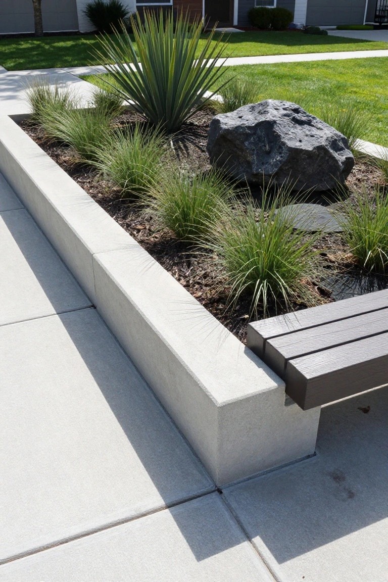 Raised concrete garden bed containing ornamental grasses, a large gray boulder, and yucca plants, next to a wooden bench on a concrete sidewalk with nearby houses and lawn.