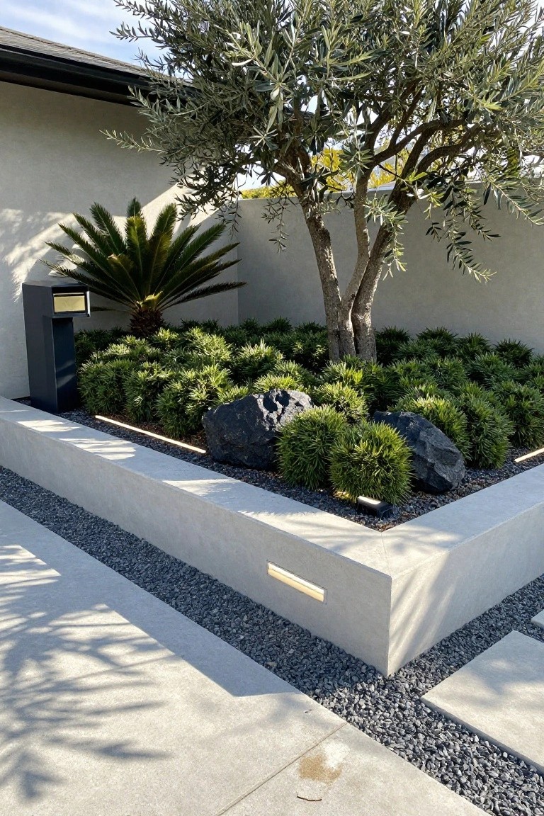Raised white concrete garden bed edged with dark gravel path, filled with green shrubs, black boulders, and an olive tree, next to a beige house wall with a fan palm and modern light fixture.