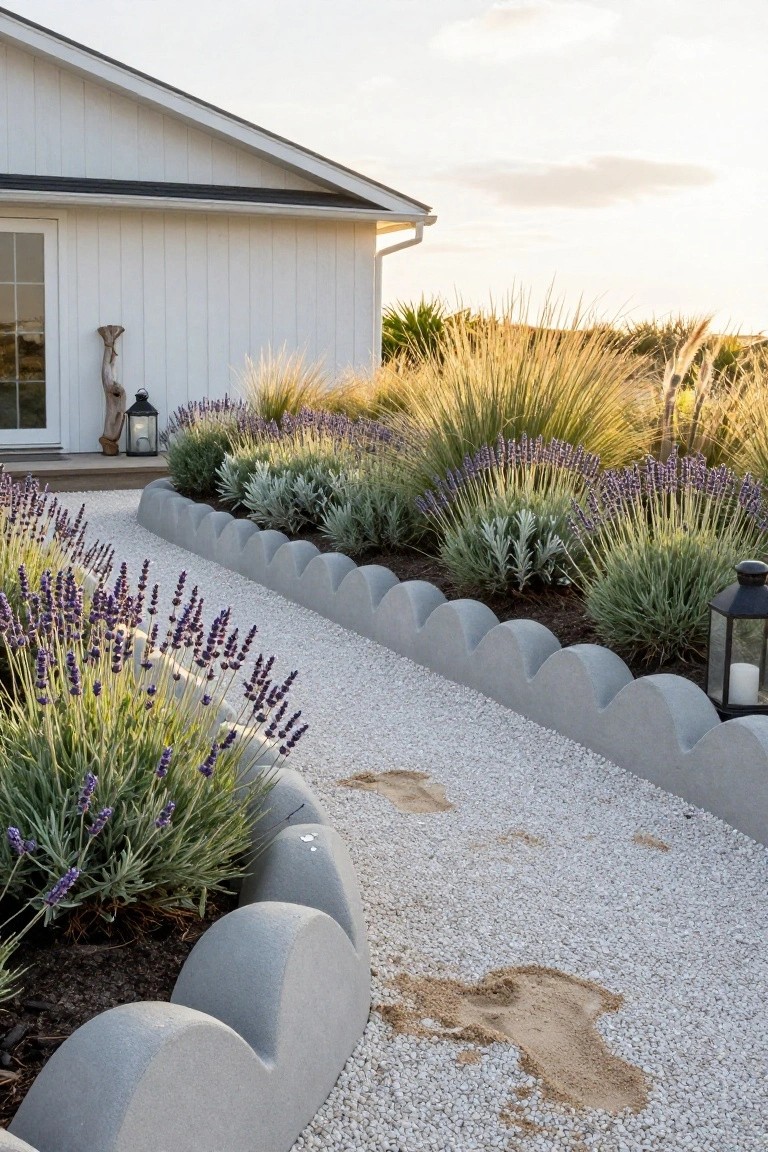 Gravel pathway lined with scalloped gray concrete edging bordering flower beds planted with lavender and ornamental grasses next to a white house exterior.